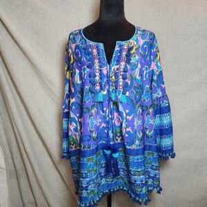 Fig & Vine Womens tunic w/sequin, tassels & pockets SZ L Hippie Boho Swimcover